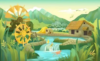 春天田园绿色自然风车水河流畜牧插画素材背景