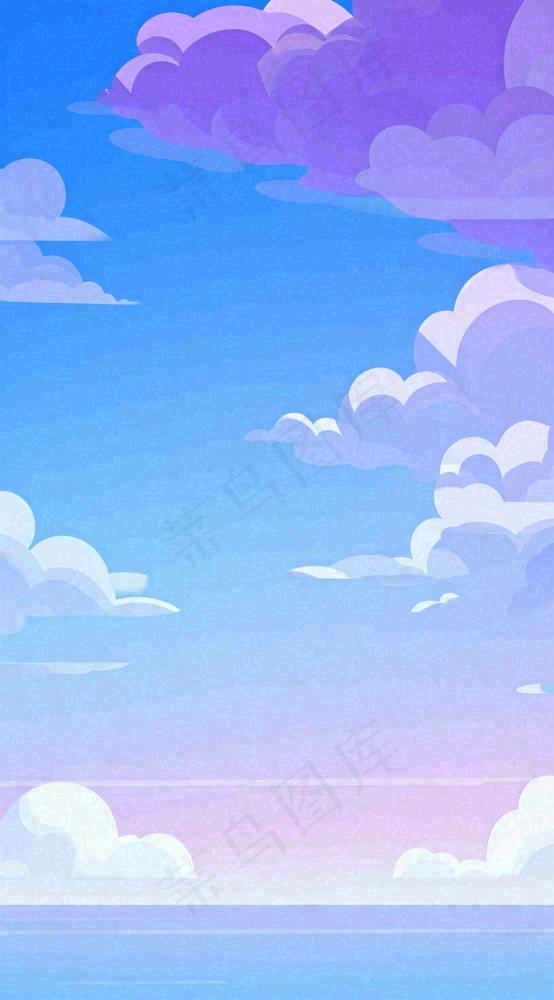粉蓝渐变天空白云简约温馨，阳光海面海洋扁平插画