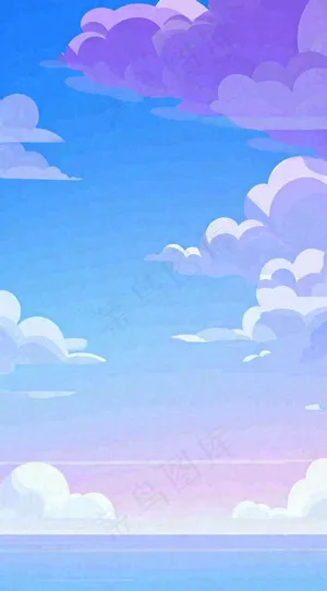 粉蓝渐变天空白云简约温馨，阳光海面海洋扁平插画