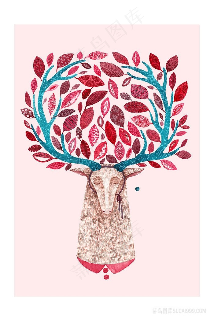 矢量唯美树叶麋鹿插画