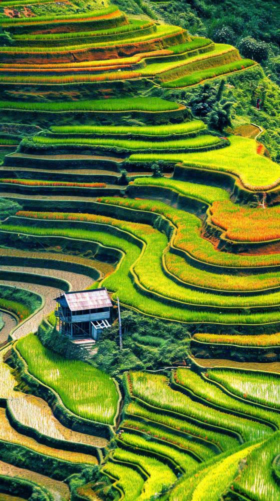 春天唯美绿色梯田种植，乡村小屋，谷雨摄影图