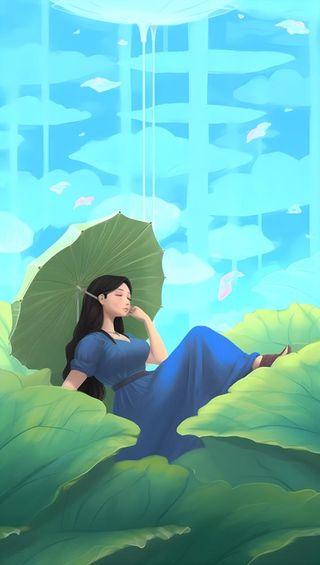 夏日乘凉的女孩躺着叶子上荷叶绿色海报背景