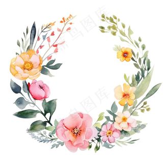 花环鲜花植物水彩插画免抠
