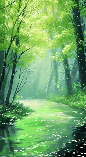 春天绿树成荫的树林里面小溪溪水飘着树叶