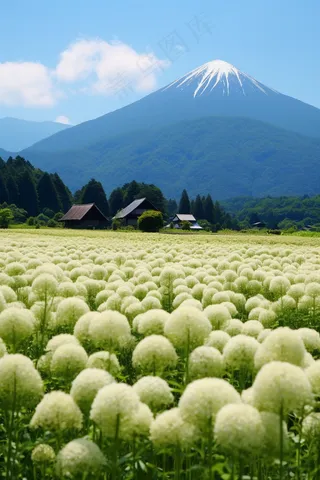 花丛深处人家村庄远山摄影图