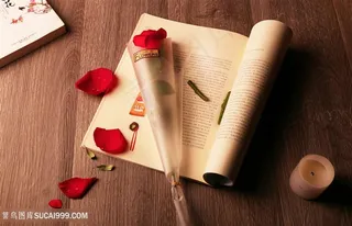 一枝红色玫瑰花包装书本玫瑰花瓣