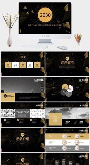 高端黑金商务汇报PPT模板预览图