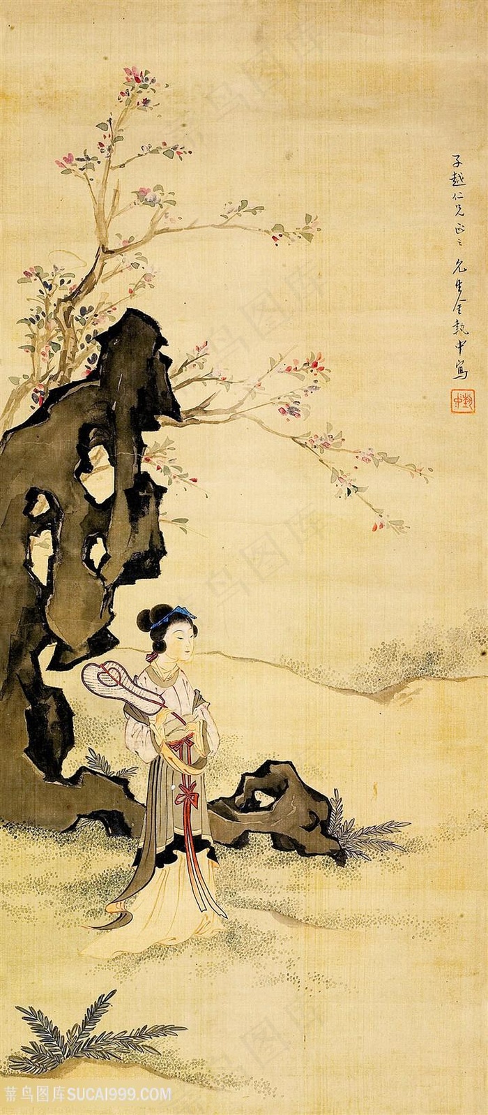 花卉山脉古代美女装饰画