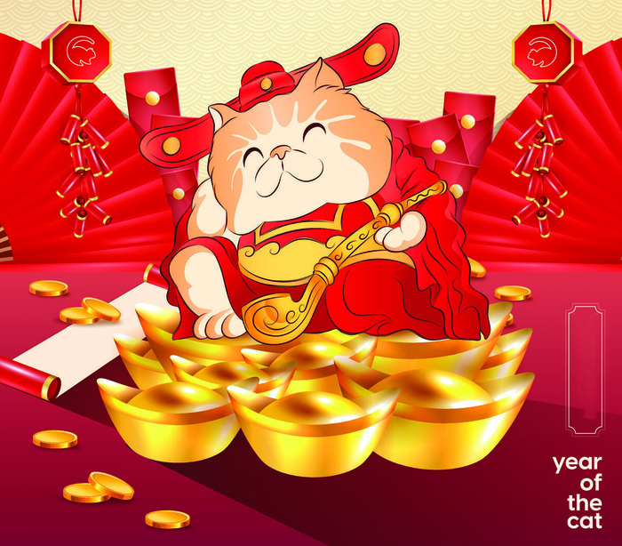 手绘新年财神猫红色背景
