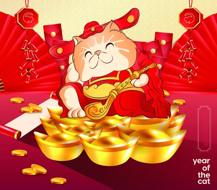 手绘新年财神猫红色背景