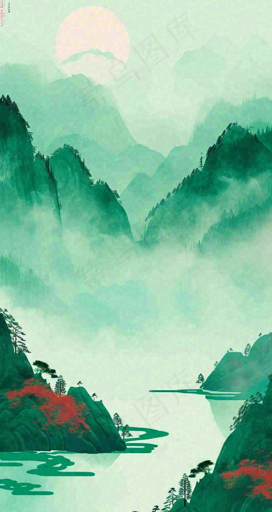 国风意境山水画落日绿色(800x1504)