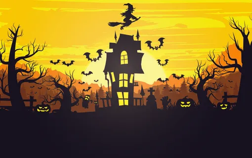 卡通万圣节城堡黑色林木背景