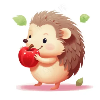刺猬吃苹果的刺猬插画免抠