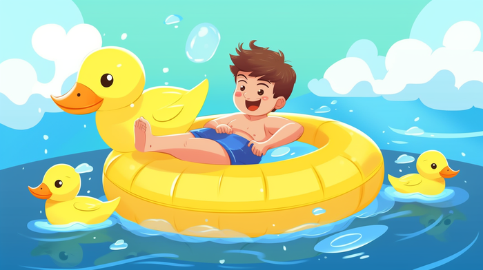 炎热夏日男孩坐着小黄鸭游泳圈在海里玩耍卡通插画