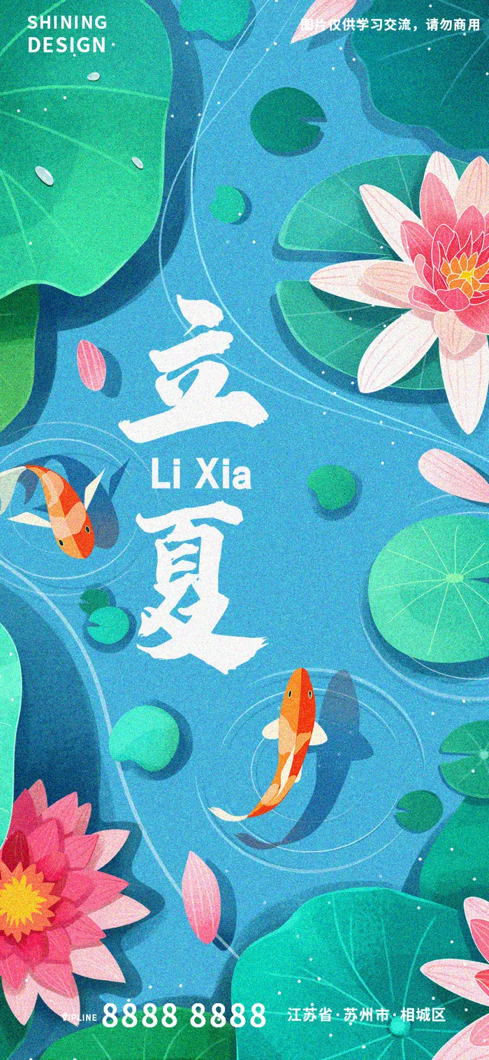 立夏池塘荷花莲花锦鲤手绘插画海报