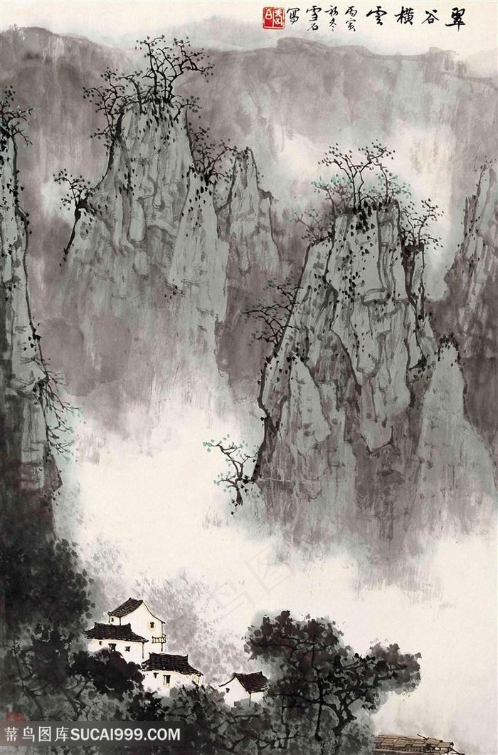 白雪石工笔画水墨山脉风景画