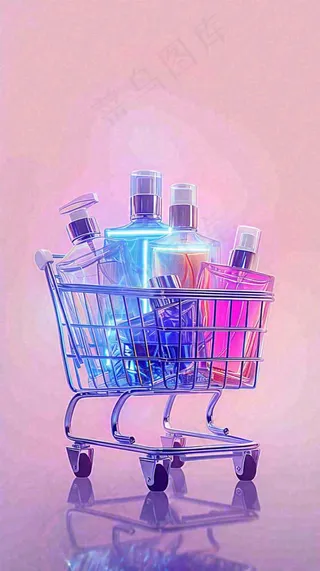 粉紫绚丽购物车采购电商美妆时尚，3D推车