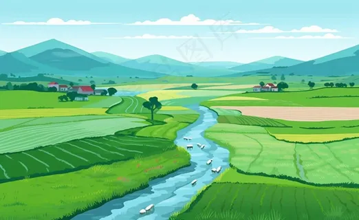 乡村村庄美丽风景河流插画农田插画背景