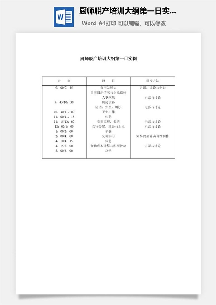 厨师脱产培训大纲第一日实例word模板