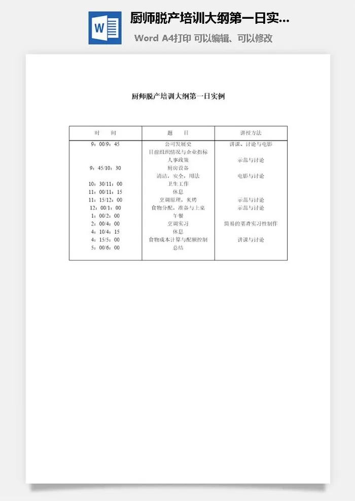 厨师脱产培训大纲第一日实例word模板