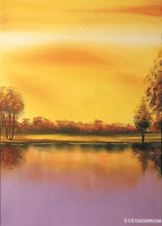 黄昏湖畔美景油画