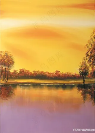 黄昏湖畔美景油画