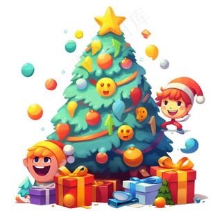 圣诞树装饰礼物小孩儿童节日卡通插画免抠