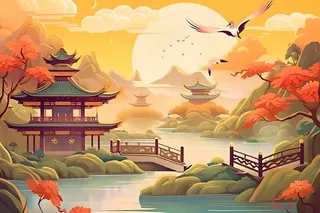 国潮花朵仙鹤云间背景