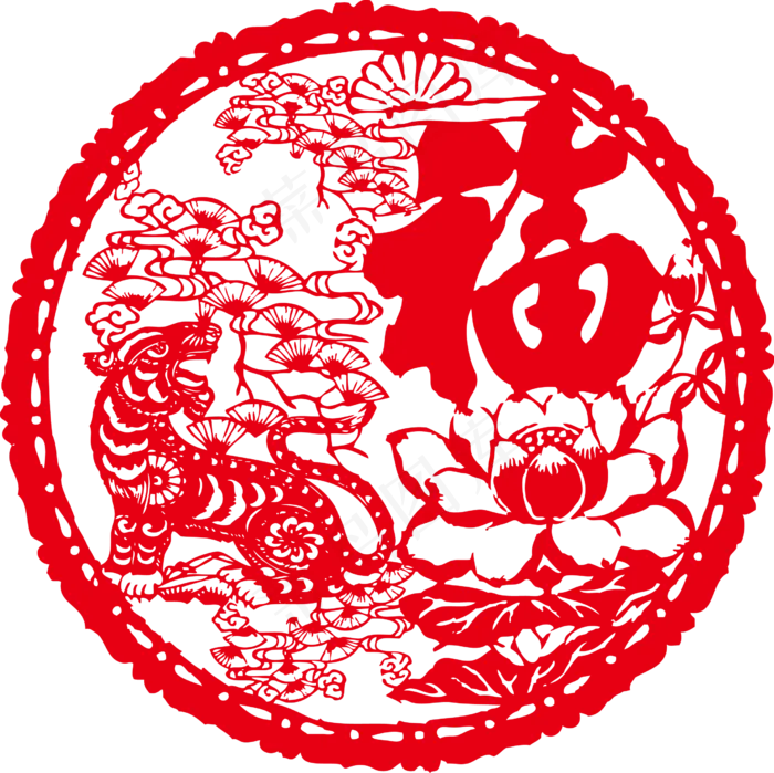 剪纸福字老虎松矢量图