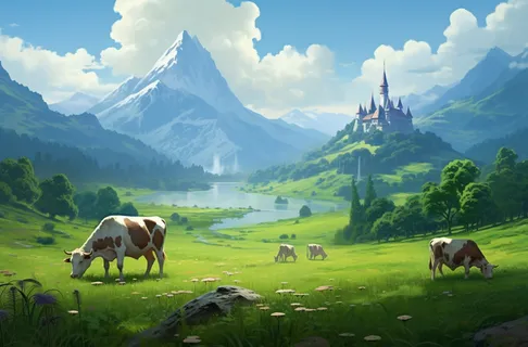 一群奶牛和山羊在山上的绿色草地上插画背景