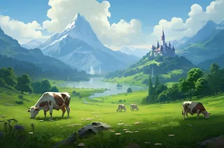 一群奶牛和山羊在山上的绿色草地上插画背景