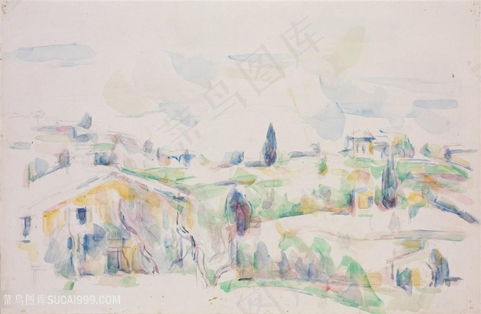 塞尚油画手绘房子山脉风景画