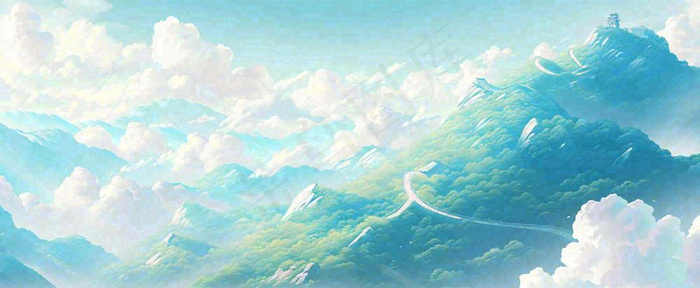 崇山峻岭高山白云中国风插画长城风景