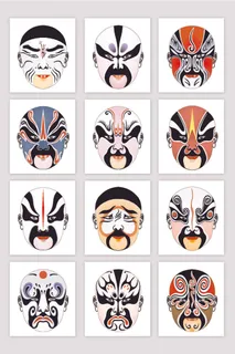 中国传统艺术国粹京剧戏曲川剧人物脸谱扁平化图案AI矢量设计素材