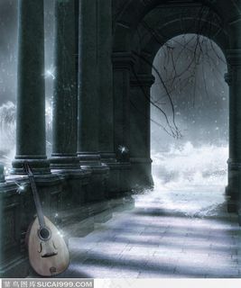 下雪的荒废的教堂走廊里的乐器