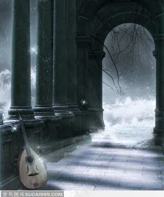 下雪的荒废的教堂走廊里的乐器