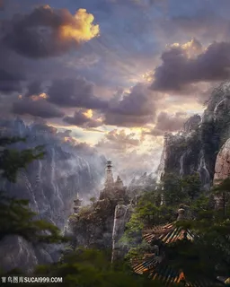 逆阳光云层古屋中国风CG原画绘画图片