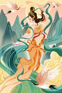 复古中国风国潮神话人物敦煌插画仙女手绘海报背景PSD设计素材