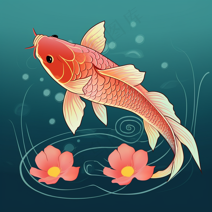 睡莲锦鲤金鱼寓意卡通插画