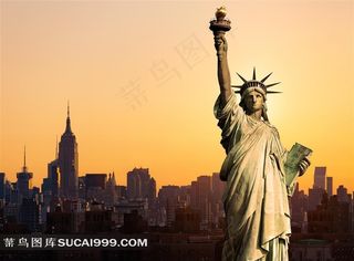 城市建筑与自由女神像风景名胜摄影高清图片