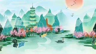 中国风国潮烫金仙鹤山水古建筑风景装饰插画背景PSD分层设计素材