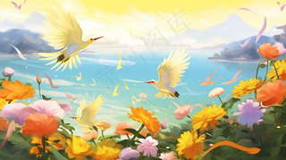 湖边花丛飞舞的小鸟山川湖泊插画