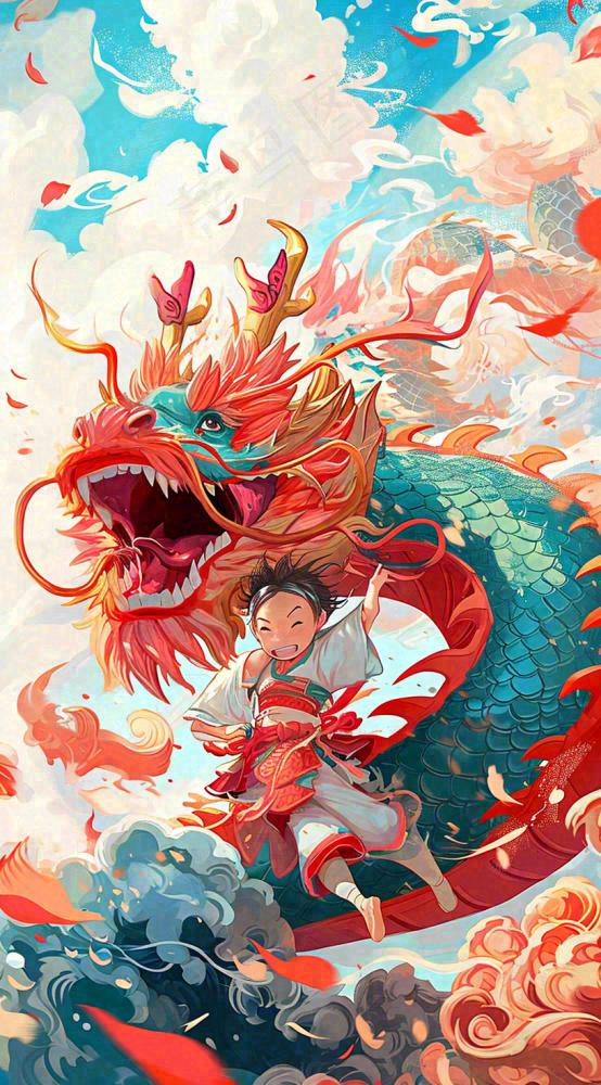 祥龙喜庆欢乐节日，蓝天白云儿童手绘插画(816x1472)