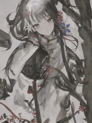 黑白中国风水墨美丽女孩插画