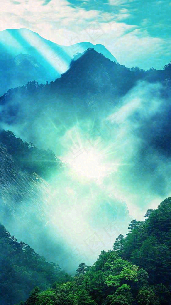 中国风高山绿植森林丛林，阳光蓝天白云，户外