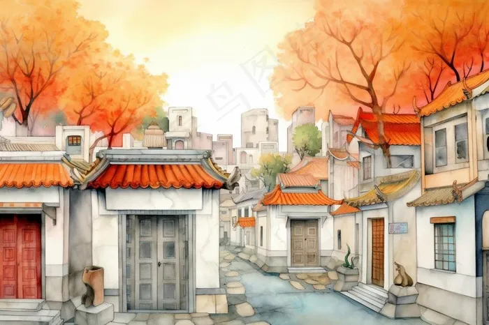 秋季胡同里古代建筑庭院水彩画水墨画素材(1344x896)