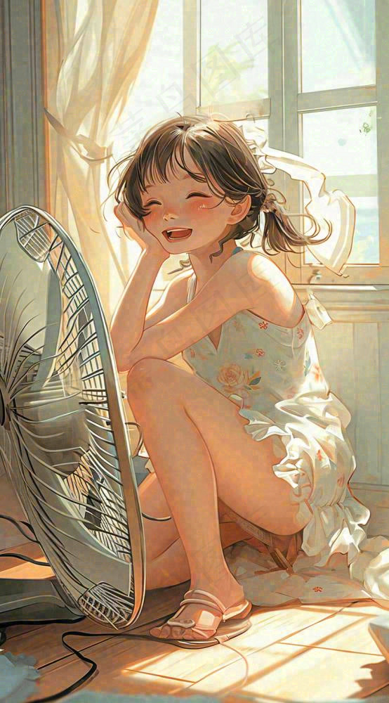 夏天风扇凉快清新儿童，阳光夏至手绘插画(816x1472)