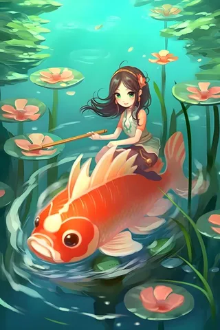 湖水水草金鱼女孩插画背景