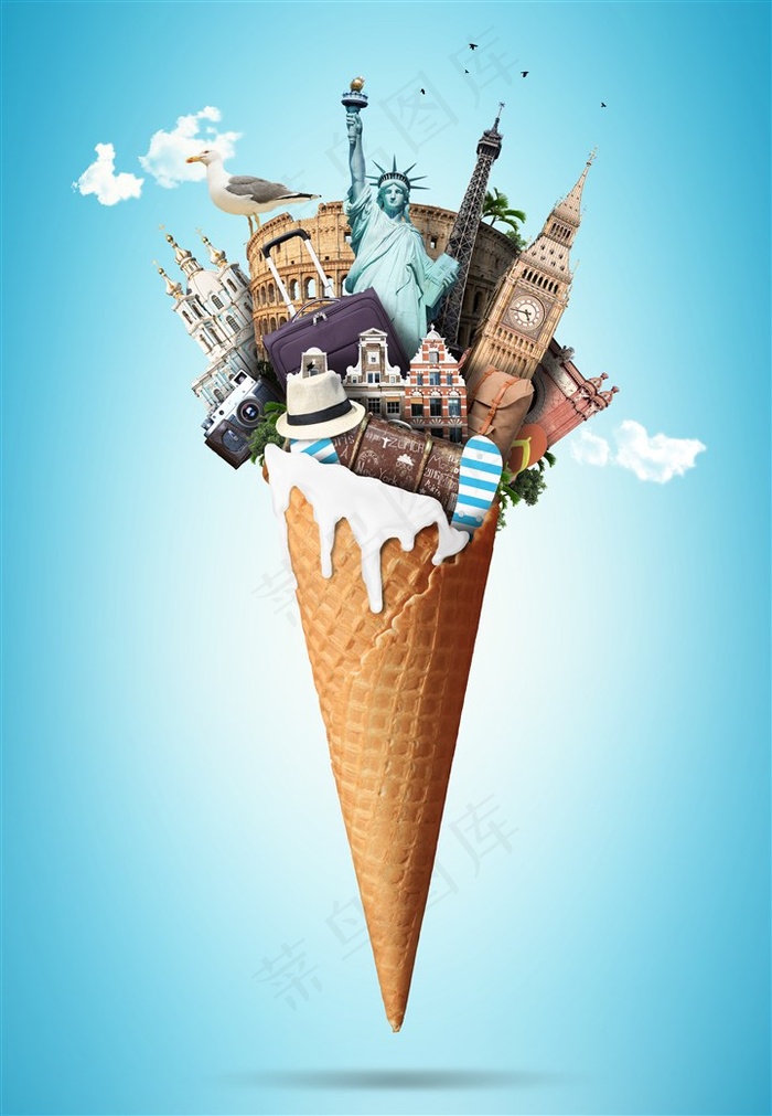 创意世界著名建筑甜筒旅游插画图片