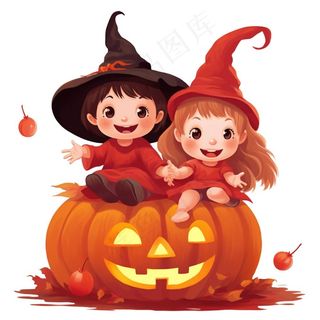 万圣节女巫南瓜灯捣蛋卡通插画免抠